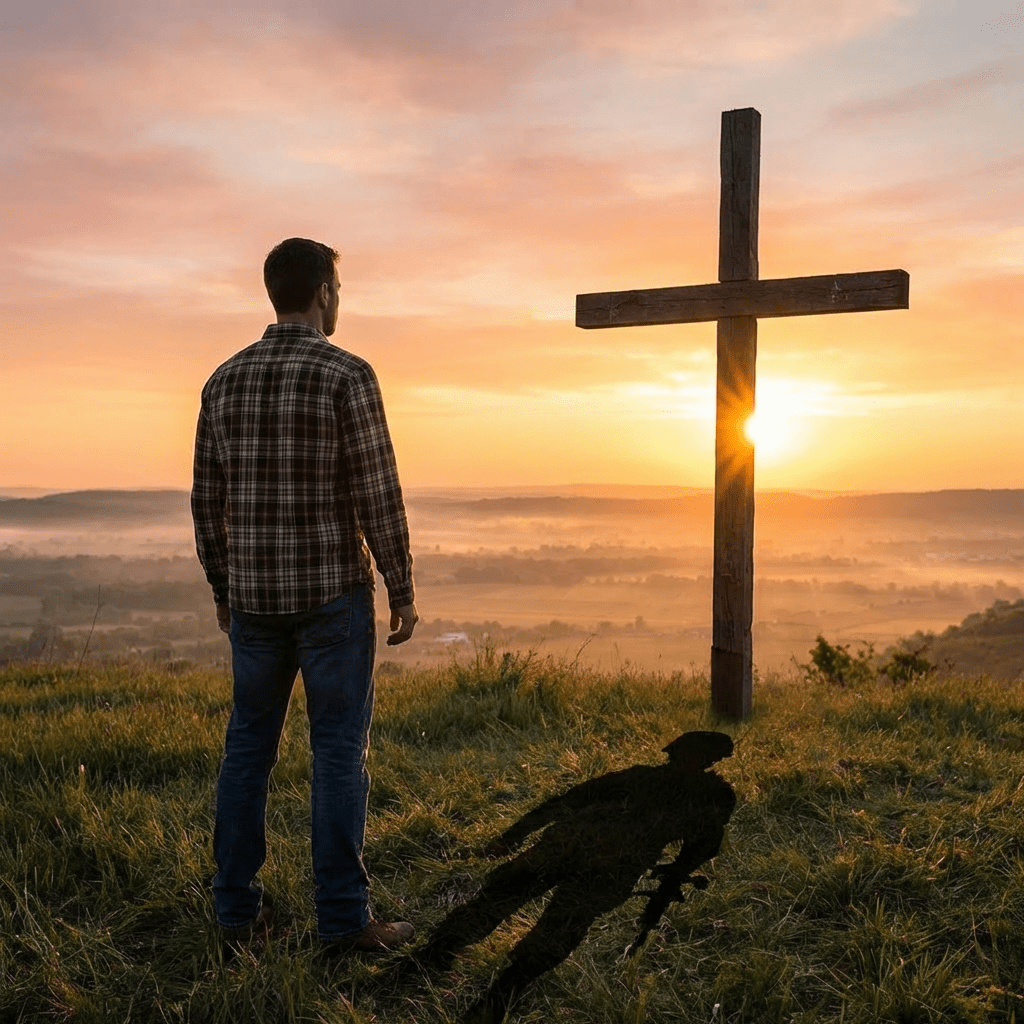 Man standing by a cross at sunrise; his shadow is a soldier in combat gear.